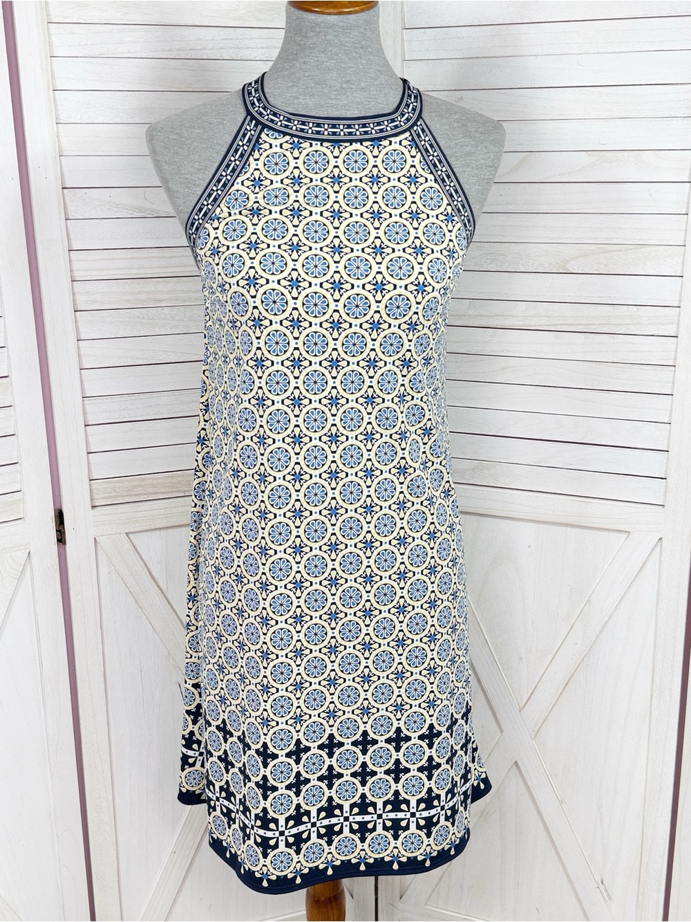 Max Studio‎ Geometric Medallion Print Halter Shift Dress Yellow Blue Medium